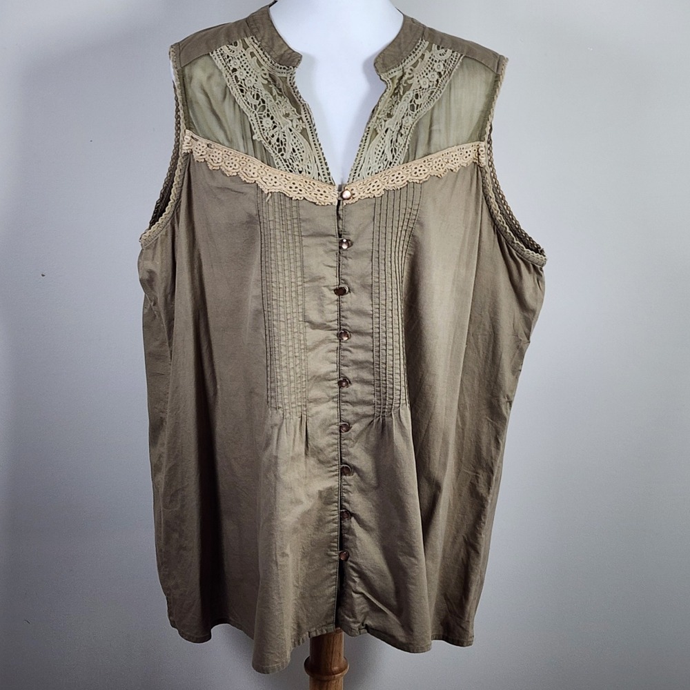 AE SPORT Sleeveless Lace Trim Blouse Womens 22 Top Cotton Pintuck Boho Earthy